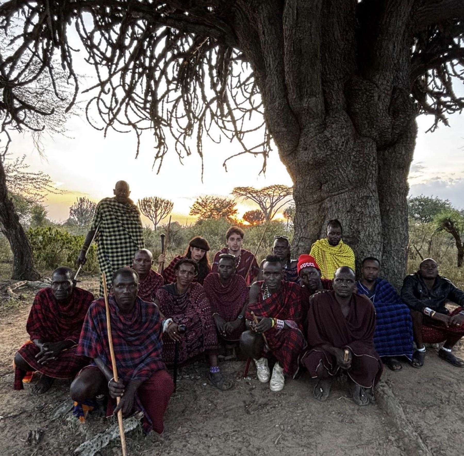 Travellers together with Maasai beneath an ancient tree
