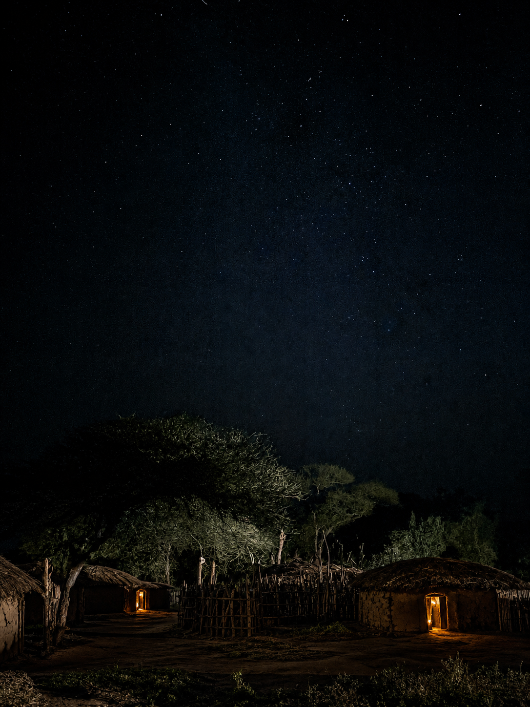A traditional Maasai village beneath a star-filled night sky